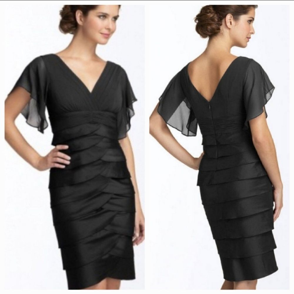 🐞Anthropologie Adrianna Papell Black Layered Ruffled Cocktail Dress Size 6